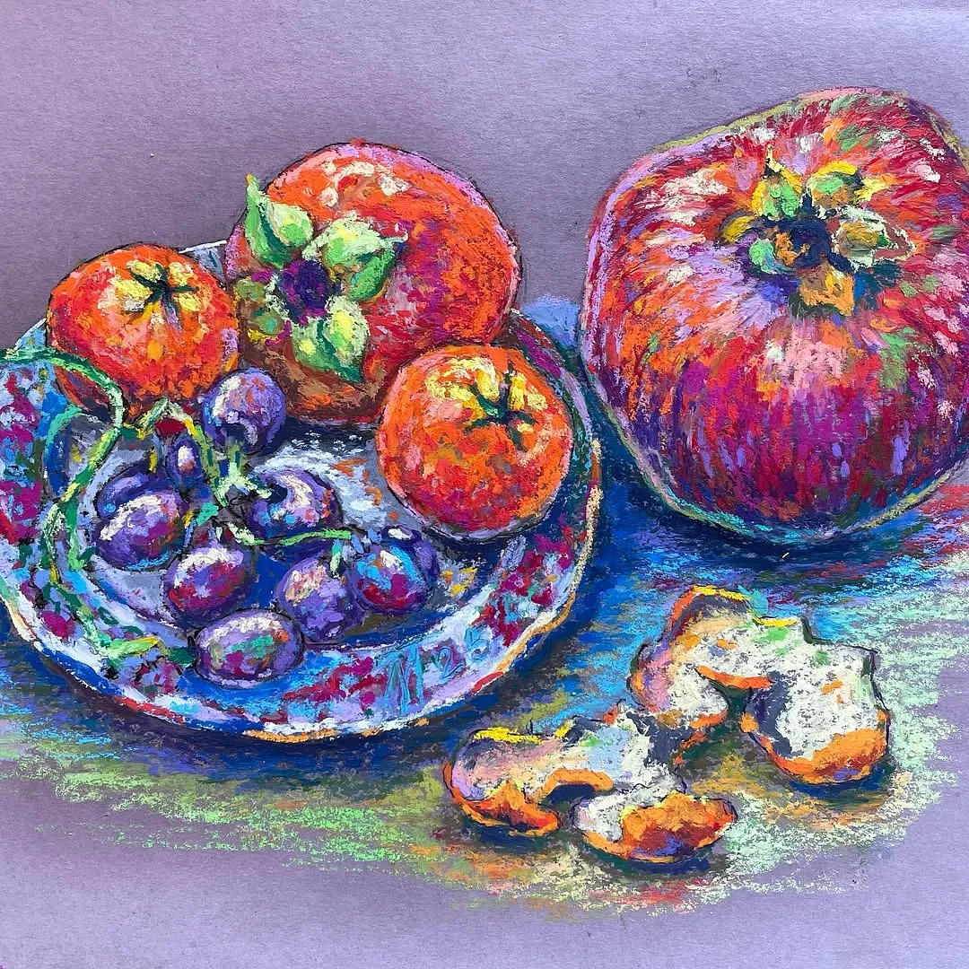 “Fruit plate”  Oil pastel, paper. 30х20см 2024 (2024)
