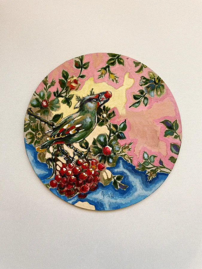 Зображення ""Waxwing  is an alcoholic"" від Pavlo Melnyk, розмір: 20 x 20cm, матеріали: Acrylic ,fiberboard., медіум: Живопис, місто: Manevychi, ціна: $80